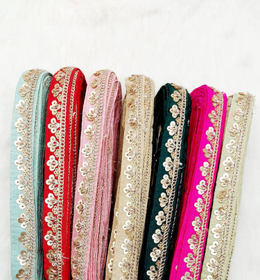 Art Silk Trim with Gold Embroidery and Sequins Indian Sari Border Trim By 3 Yards Decorative Trim Craft Lace